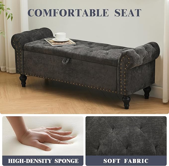 51" Storage Ottoman Bench, End of Bed Bench for Bedroom, Chenille Upholstered Benches for Foot of Bed, Window Benches, Storage Ottomans for Living Room, Entryway, Dark Gray