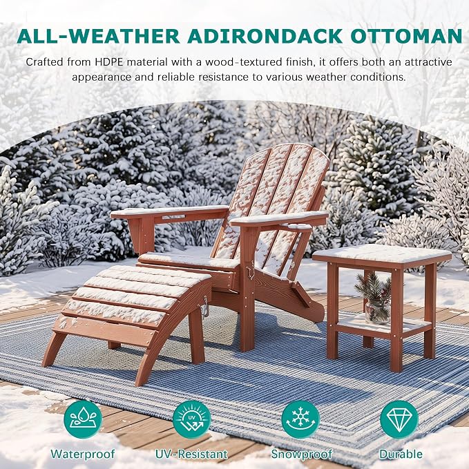 PLUUV Folding Adirondack Ottoman Footrest, All-Weather HDPE Outdoor Footstool for Adirondack Chair, Foldable Ottoman for Patio Backyard Pool Deck, Reddish