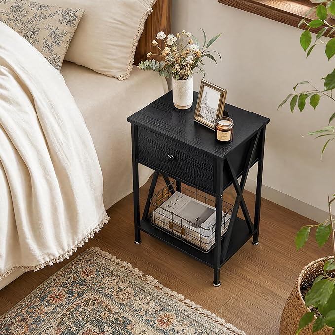 VECELO Nightstands, Modern End Side Tables,Night Stand with Drawer &Storage Shelf for Bedroom Living Room Office Lounge, 2, Black
