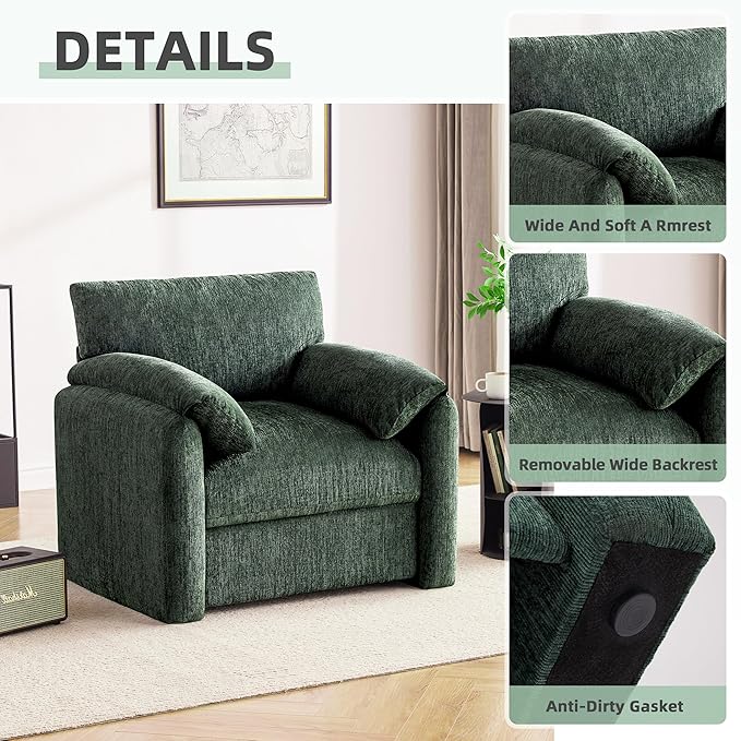 Howjoe Chenille Oversized Armchair, 38.6" Wide Accent Chairs for Living Room & Bedroom Modern Lounge Chair, Upholstered Mid-Century Reading Chair, Comfy Living Room Chair, Single Sofa Chair, Green