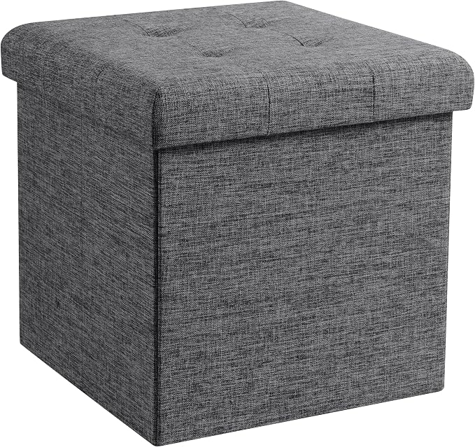 Ornavo Home Folding Storage Ottoman, 15 Inch Storage Cube with Lid, Foot Rest Stool for Bedroom, Living Room, Entryway, Tufted Linen Upholstered - Dark Gray