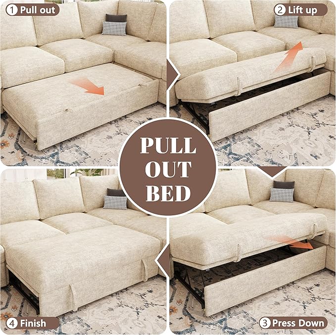 85 Inch Modular Sectional Sofa with Pull Out Bed, L Shaped 5 Seat Sectional Sleeper Sofa with Storage, Sectional Couches for Living Room, Cloud Modular Couch, Removable Sofa Cover, Beige