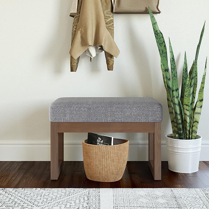 SIMPLIHOME Milltown Small Ottoman Bench - 27" Wide x 18" High Upholstered Tweed Look Fabric Rectangle Footstool Ottoman in Pebble Grey, Contemporary Bench for Bedroom with Cushioned Seat, Assembled