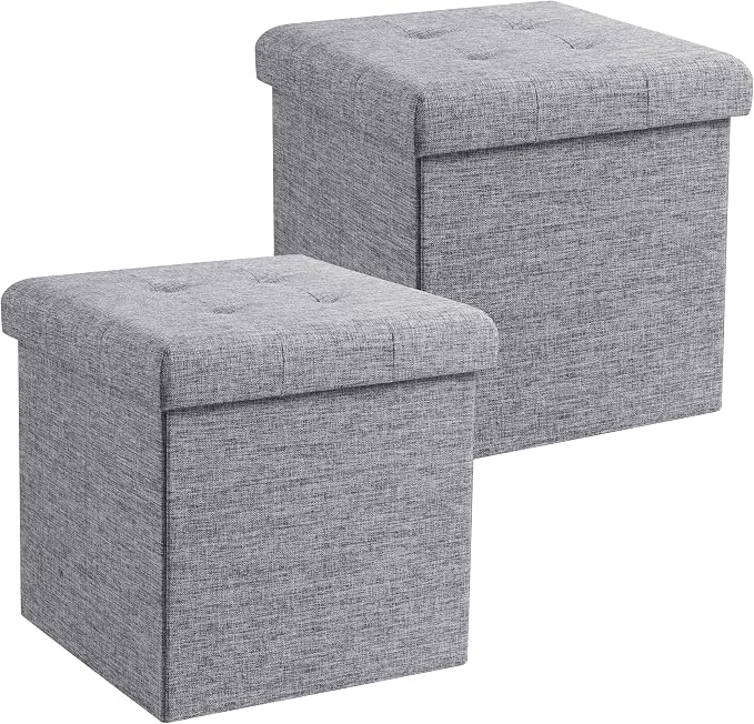Ornavo Home 2 Pack 15 Inch Folding Storage Ottoman, Square Cube Linen Small Storage Ottoman Foot Rest Stool - Grey