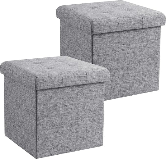 Ornavo Home 2 Pack 15 Inch Folding Storage Ottoman, Square Cube Linen Small Storage Ottoman Foot Rest Stool - Grey