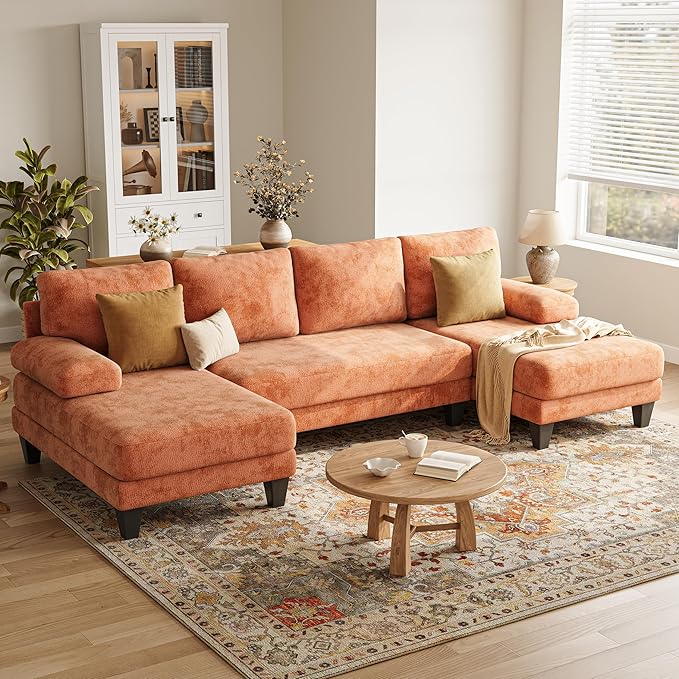 U-Shaped Sectional Couches for Living Room | 112 Inch Modern Sectional Couch | Orange Chenille Sofa with Double Chaise for Apartment
