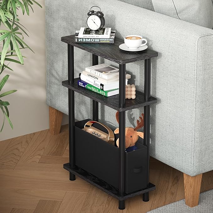 Apicizon Small Narrow Side Table, 3-Tier Skinny End Table withFabric Basket, Slim Nightstand Bedside Table for Small Spaces, Living Room, Bderoom, Black