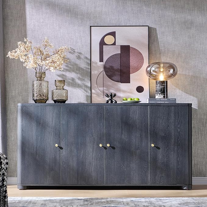 Curved Buffet Cabinet with Doors, 66" Large Sideboard Buffet Storage Cabinet with 4 Doors and Shleves, Modern Coffee Bar Station Wood Kitchen Table for Kitchen, Dining Room, Dark Grey