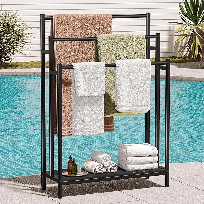 46" Extra Large Freestanding Towel Rack Stand for Bathroom, 3 Tier Blanket Ladder Holder, Outdoor Bath Towel Drying Rack with Shelf, Next to Tub or Shower, Quilt Rack, Black