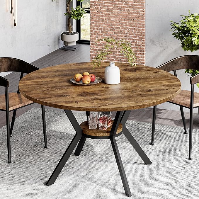 MECHYIN Round Dining Table for 2-4, 42 Inch Wood Kitchen & Dining Room Tables with Storage, Circle Dinner Table with Metal Legs, Space Saving Small Table for Dining Room, Kitchen, Rustic Brown
