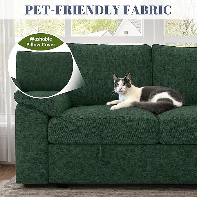 108 Inch Modular Sectional Sofa with Pull Out Bed,U Shaped 7 Seat Sectional Sleeper Sofa with Storage,Sectional Couches for Living Room,Cloud Modular Couch,Removable Sofa Cover,Green