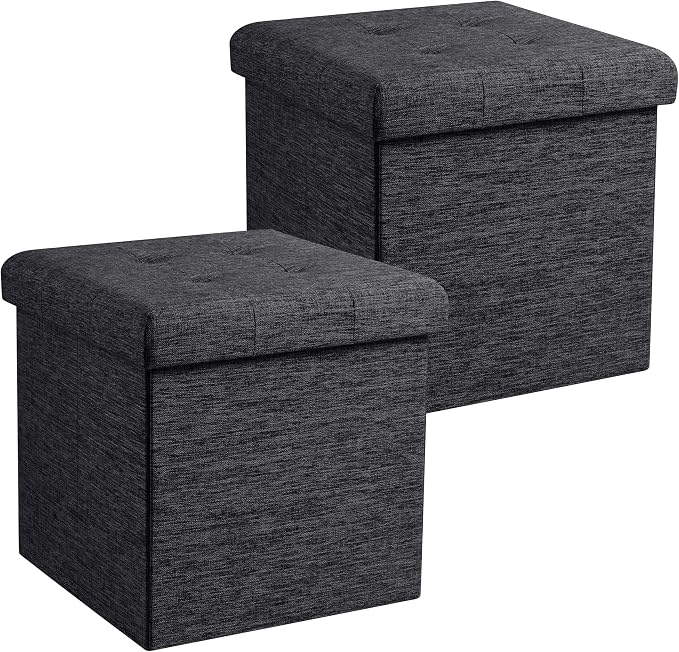 Ornavo Home 2 Pack 15 Inch Folding Storage Ottoman, Square Cube Linen Small Storage Ottoman Foot Rest Stool - Black