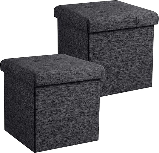 Ornavo Home 2 Pack 15 Inch Folding Storage Ottoman, Square Cube Linen Small Storage Ottoman Foot Rest Stool - Black