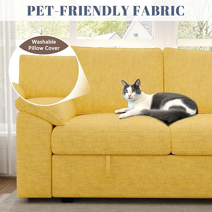 85 Inch Modular Sectional Sofa with Pull Out Bed, L Shaped 5 Seat Sectional Sleeper Sofa with Storage, Sectional Couches for Living Room, Cloud Modular Couch,Removable Sofa Cover,Yellow