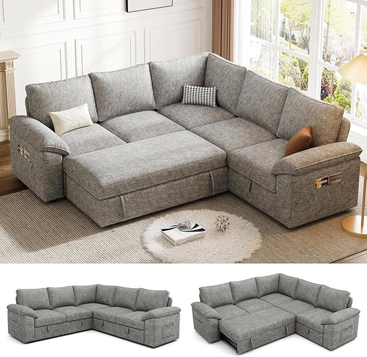 85 Inch Modular Sectional Sofa with Pull Out Bed, L Shaped 5 Seat Sectional Sleeper Sofa with Storage, Sectional Couches for Living Room, Cloud Modular Couch,Removable Sofa Cover,Light Grey