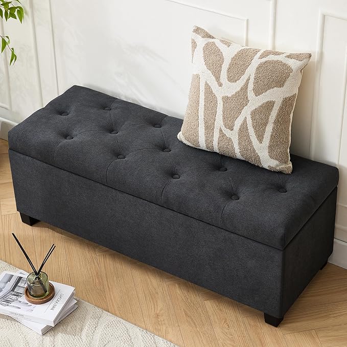 Mangodan 43 Inch Linen Storage Ottoman Bench, Foot Rest with Legs, End of Bed Bench, Storage Chest, Load up to 660 Lb, Ottoman with Storage Bench for Living Room, Bedroom, Entryway (Charcoal)