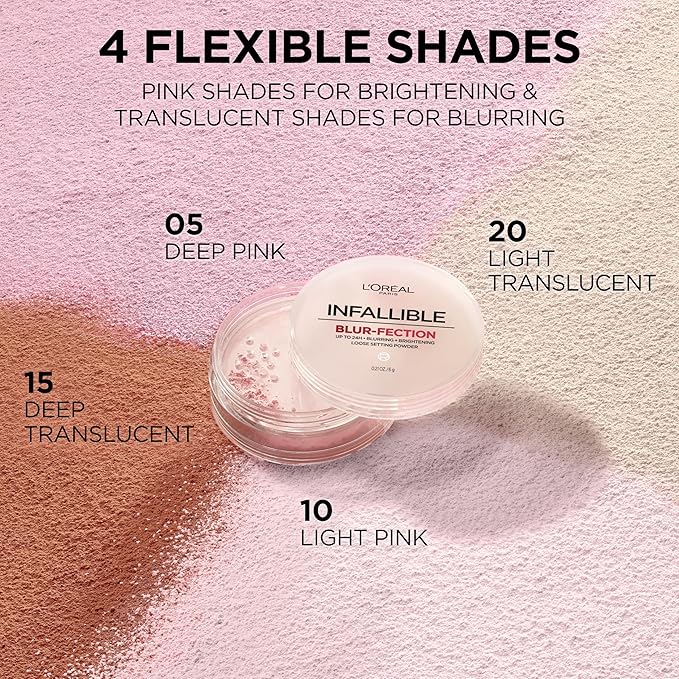 L'Oreal Paris Infallible Blur-fection Longwear Loose Setting Powder, Blurring Face Powder With Up to 24HRs of Wear, Brightening Deep Pink, 1 Kit