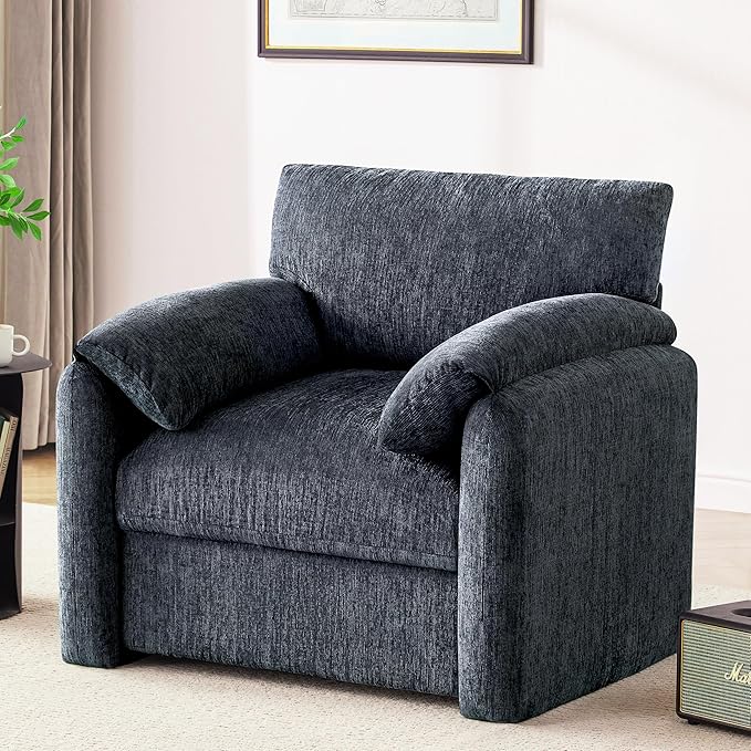Howjoe Chenille Oversized Armchair, 38.6" Wide Accent Chairs for Living Room & Bedroom Modern Lounge Chair, Upholstered Mid-Century Reading Chair, Comfy Living Room Chair, Single Sofa Chair, Blue