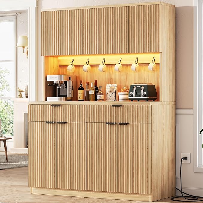 Jocoevol Fluted Kitchen Pantry Storage Cabinet with Charging Station/LED Light/Doors/Shelves, 71'' Tall Kitchen Food Hutch with Microwave Stand for Dining Room Living Room (Natural, 47 * 15.7 * 71)