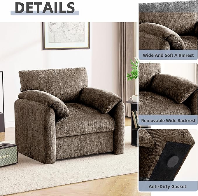 Howjoe Chenille Oversized Armchair, 38.6'" Wide Accent Chairs for Living Room & Bedroom Modern Lounge Chair, Upholstered Mid-Century Reading Chair,Single Sofa Chair(Brwon, 1 Pack)