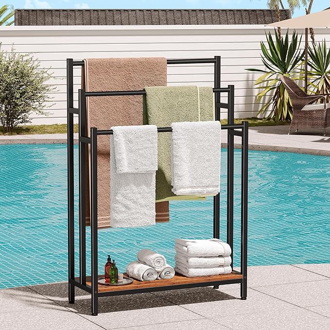 46" Extra Large Freestanding Towel Rack Stand for Bathroom, 3 Tier Blanket Ladder Holder, Outdoor Bath Towel Drying Rack with Shelf, Next to Tub or Shower, Quilt Rack, Rustic Brown and Black