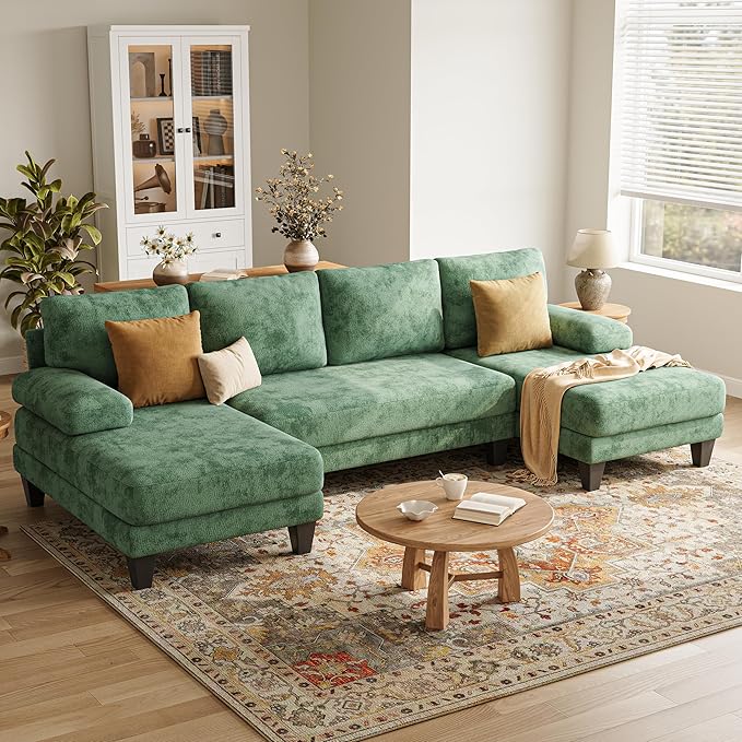 U-Shaped Sectional Couches for Living Room | 112 Inch Modern Sectional Couch | Green Chenille Sofa with Double Chaise for Apartment