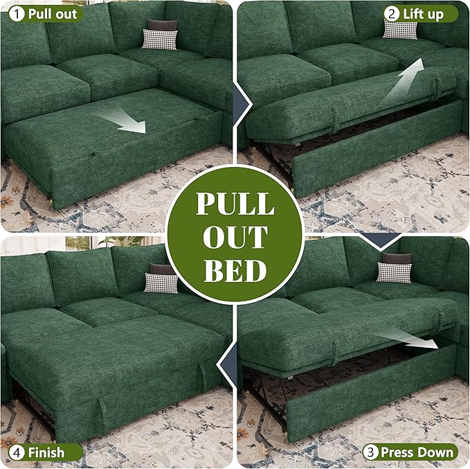 85 Inch Modular Sectional Sofa with Pull Out Bed, L Shaped 5 Seat Sectional Sleeper Sofa with Storage, Sectional Couches for Living Room, Cloud Modular Couch,Removable Sofa Cover,Green