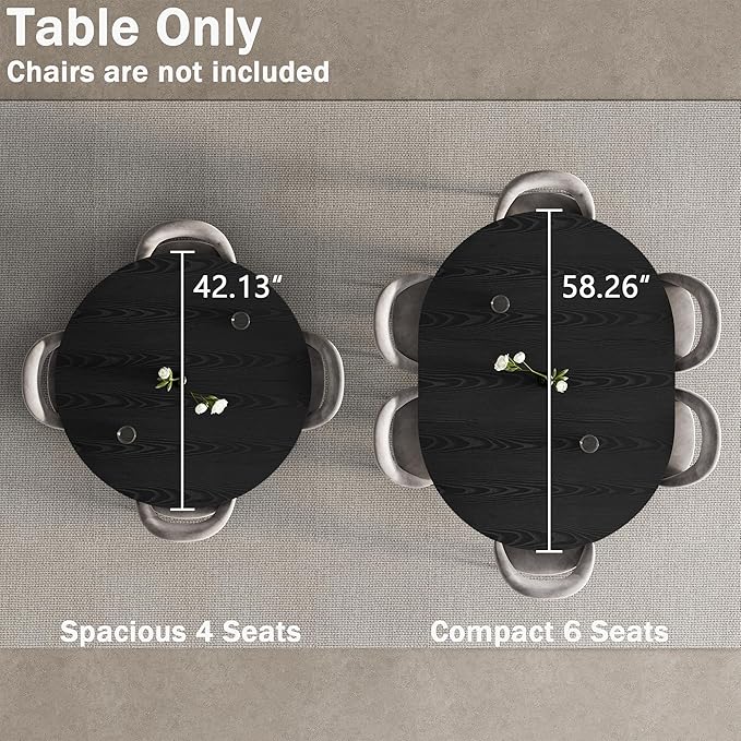 42"-58" Extendable Round Dining Table with Built-in Flip Leaf, Modern Oval Kitchen Table for 4-6, Space-Saving Small Room Furniture with Storage Shelf and X-Shaped Metal Base for Kitchen, Dining Room