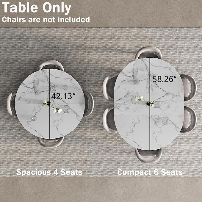 42"-58" Round Extendable Dining Table for 4-6, Kitchen Oval Table with Hidden Leaves & Storage Shelf, Space Saving Modern Design with Sturdy Metal Legs for Kitchen, Dining Room & Small Apartments