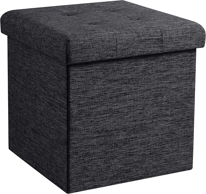 Ornavo Home Folding Storage Ottoman, 15 Inch Storage Cube with Lid, Foot Rest Stool for Bedroom, Living Room, Entryway, Tufted Linen Upholstered - Black