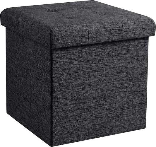 Ornavo Home Folding Storage Ottoman, 15 Inch Storage Cube with Lid, Foot Rest Stool for Bedroom, Living Room, Entryway, Tufted Linen Upholstered - Black