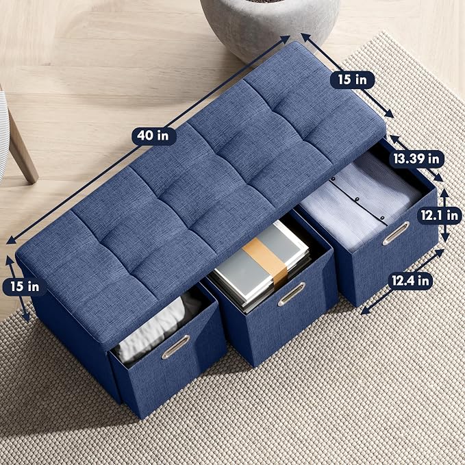 Ornavo Home Storage Ottoman with 3 Drawers, 40 Inches Long Foldable Tufted Linen Large Bench Ottoman with Storage, Foot Rest Stool Seat, for Living Room, Bedroom, Entryway, Navy Blue