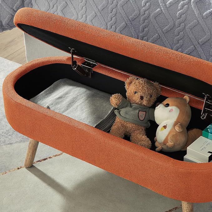 42.25" Ottoman with Storage, Storage Ottoman Bench with Safety Hinge, Foam End of Bed Bench, Upholstered Entryway Bench for Bedroom, Living Room & Window, Holds up to 330 lb, Orange