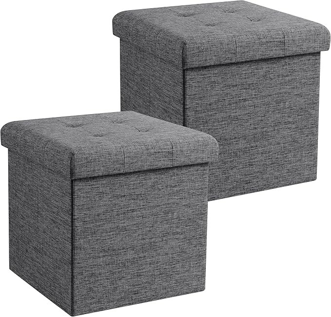 Ornavo Home 2 Pack 15 Inch Folding Storage Ottoman with Storage, Square Cube Linen Small Storage Ottoman Foot Rest Stool - Dark Gray