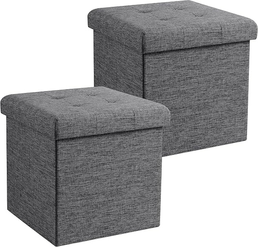 Ornavo Home 2 Pack 15 Inch Folding Storage Ottoman with Storage, Square Cube Linen Small Storage Ottoman Foot Rest Stool - Dark Gray