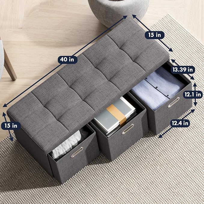 Ornavo Home Storage Ottoman with 3 Drawers, 40 Inches Long Foldable Tufted Linen Large Bench Ottoman with Storage, Foot Rest Stool Seat, for Living Room, Bedroom, Entryway, Dark Gray