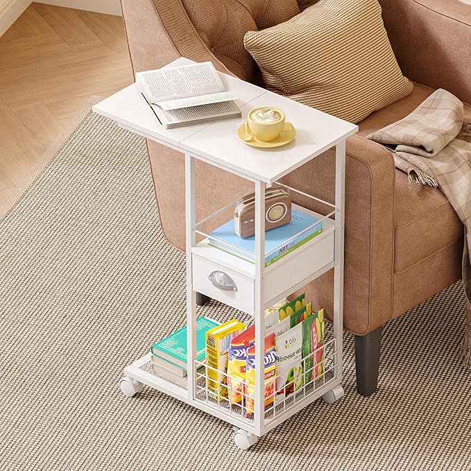 Rolling Side Table with Storage Drawer, White Bedside Table with Wheels, TV Tray for Sofa, Portable Desk on Wheels, Modern Night Stand, Overbed Table for Bedroom, C Shaped End Tables Living Room
